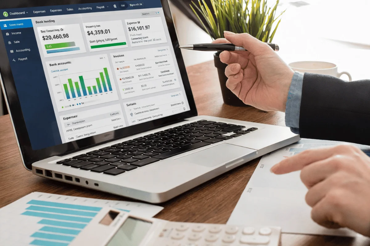 A person in a suit gestures at financial data on a laptop, showing charts and figures. A calculator, papers, and a plant are on the wooden desk.