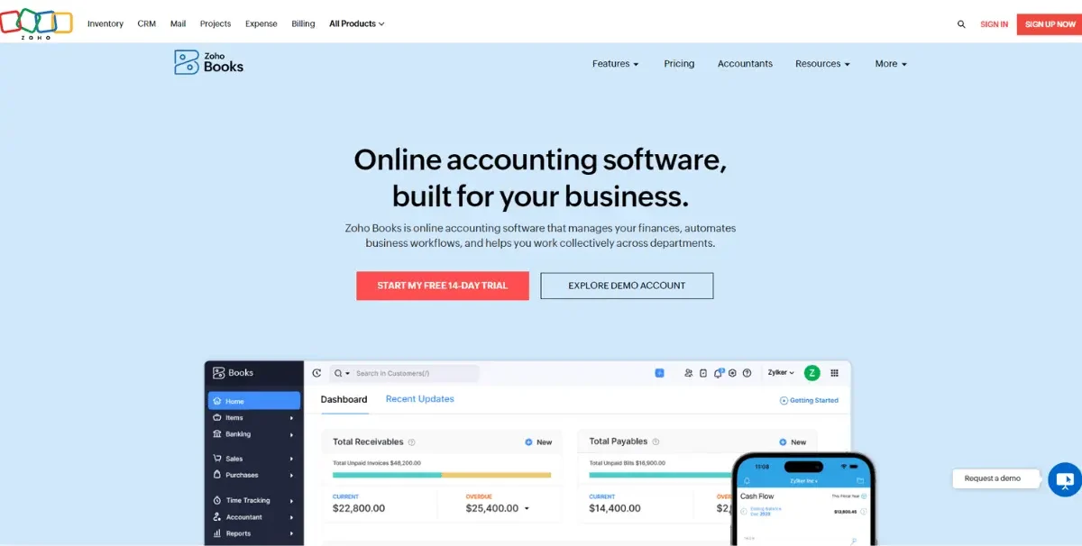 Zoho Books Homepage