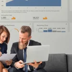 Two professionals analyze data on a laptop, surrounded by graphs and metrics displayed on a wall-mounted screen.