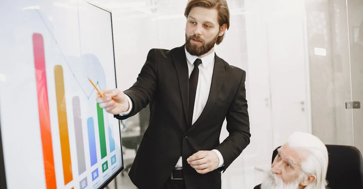 Business professional presenting colorful financial chart to senior colleague in modern office setting.
